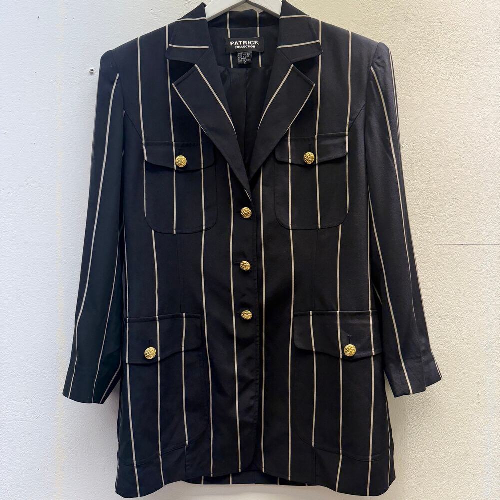 Vintage 1980s Black Silk Pinstripe Blazer Gold Buttons Work Spring Fall Office